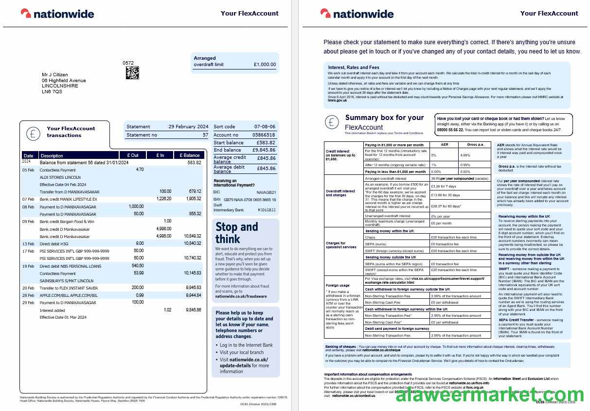 United Kingdom Nationwide bank statement current version template, 2 pages